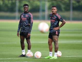 Eddie Nketiah and Gabriel Jesus of Arsenal during a training session at London Colney on September 07, 2022 in St Albans, England.