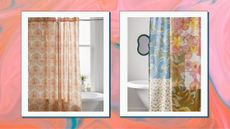 two of the best shower curtains from urban outfitters, a floral a boho print, on a peachy-colored background