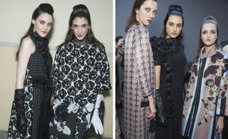 Models waiting in line for a fashion show to start, wearing a black dress with different floral and geometric prints, rose print and floral covered coats, and a black dress, from the Antonio Marras A/W 2015 collection.