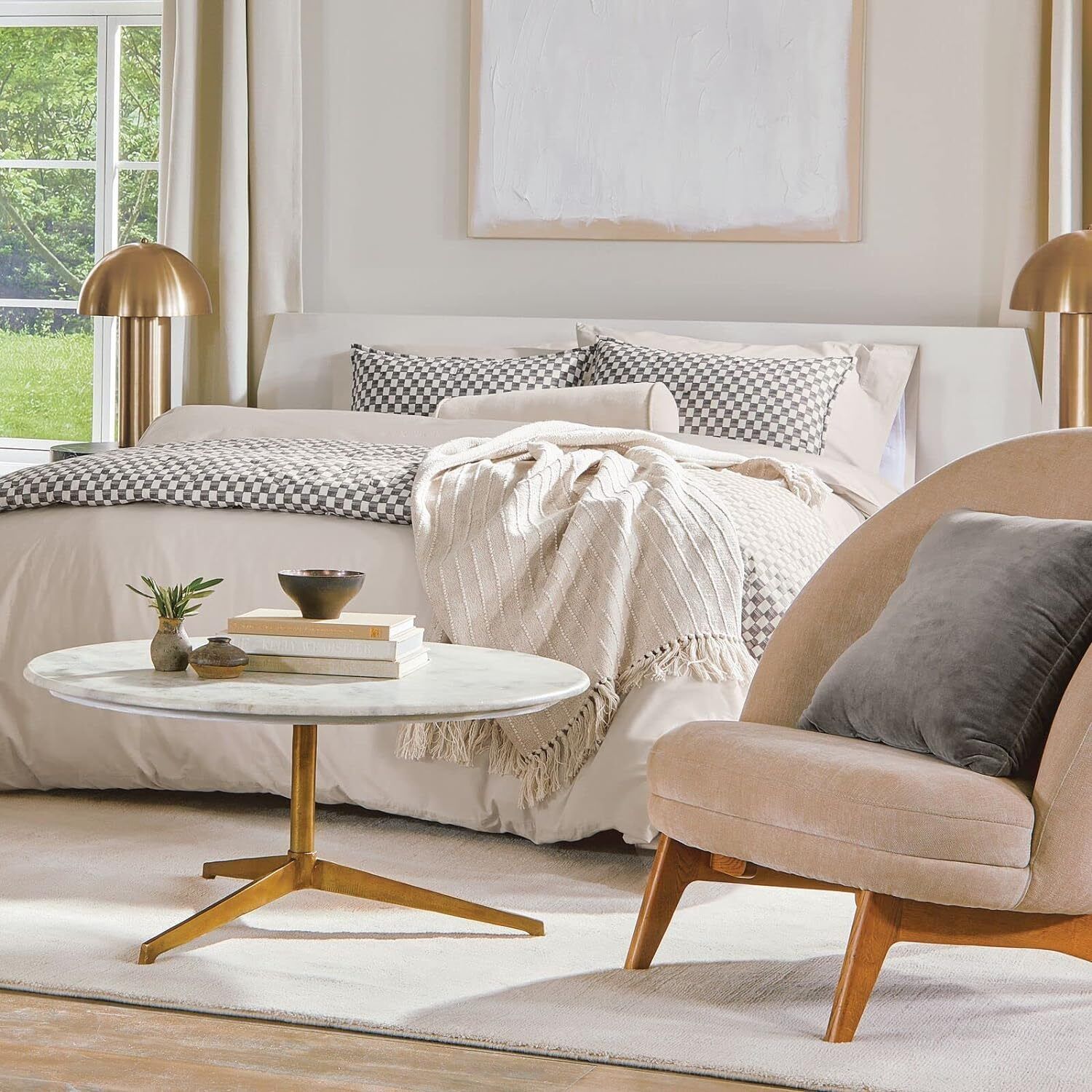Neutral bedroom with patterned bedding