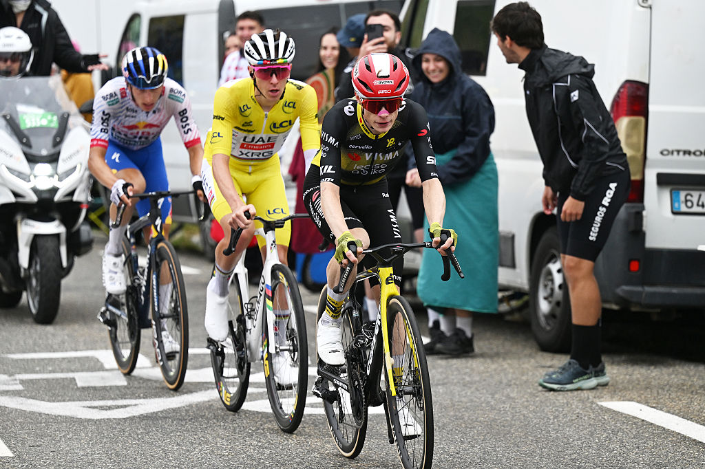 Florian Lipowitz (Red Bull-Bora-Hansgrohe), Tadej Pogačar (UAE Team Emirates-XRG) and Jonas Vingegaard (Visma-Lease a Bike) during the 2025 Tour de France