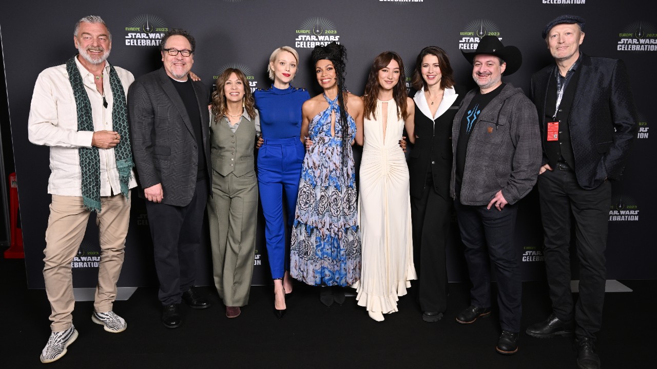 LONDON, ENGLAND - APRIL 08: (L-R) Ray Stevenson, Jon Favreau, Diana Lee Inosanto, Ivanna Sakhno, Rosario Dawson, Natasha Liu Bordizzo, Mary Elizabeth Winstead, Dave Filoni and Lars Mikkelsen attend the Ahsoka panel at Start Wars Celebration 2023 in London at ExCel on April 08, 2023 in London, England.