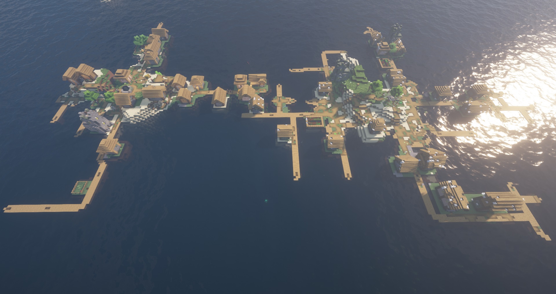 Mineacraft seed - two villages on opposite islands connected by an ocean bridge