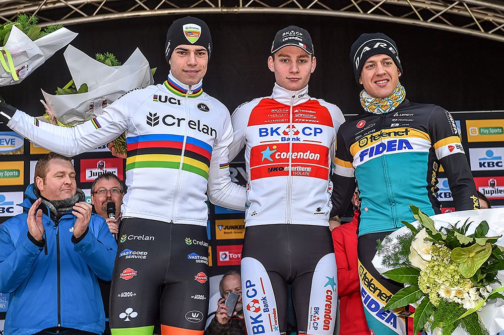 Mathieu van der Poel on the podium with Van Aert and Meeusen at Superprestige Hoogstraten