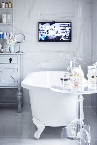 bathroom tv ideas freestanding bath tub in white bathroom