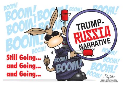 Political cartoon U.S. Trump Russia Putin Mueller investigation Democrats Energizer bunny
