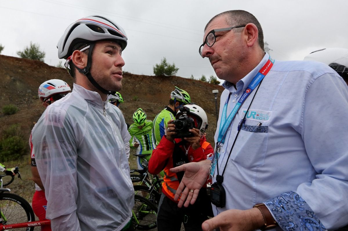 UCI commissaire and Belgian Cycling Federation management member Philippe Mari&euml;n with Mark Cavendish at the 2014 Tour of Turkey