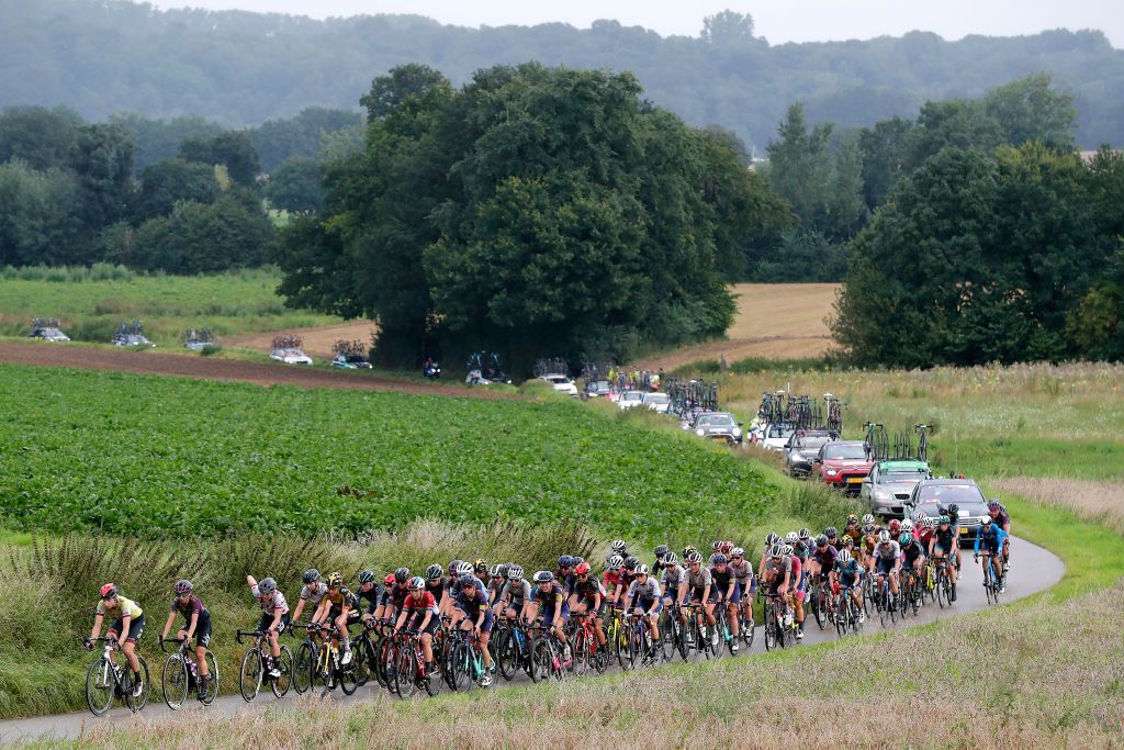 SWEIKHUIZEN NETHERLANDS AUGUST 28 A general view of Marlen Reusser of Switzerland and Ale Btc Ljubljana Team yellow leader jersey leads the peloton during the 23rd Simac Ladies Tour 2021 Stage 4 a 1489km stage from Geleen to Sweikhuizen SLT2021 UCIWWT on August 28 2021 in Sweikhuizen Netherlands Photo by Bas CzerwinskiGetty Images