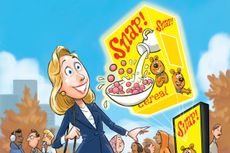 Advertising investments concept MoneyWeek magazine woman looking at Snap cereal ad
