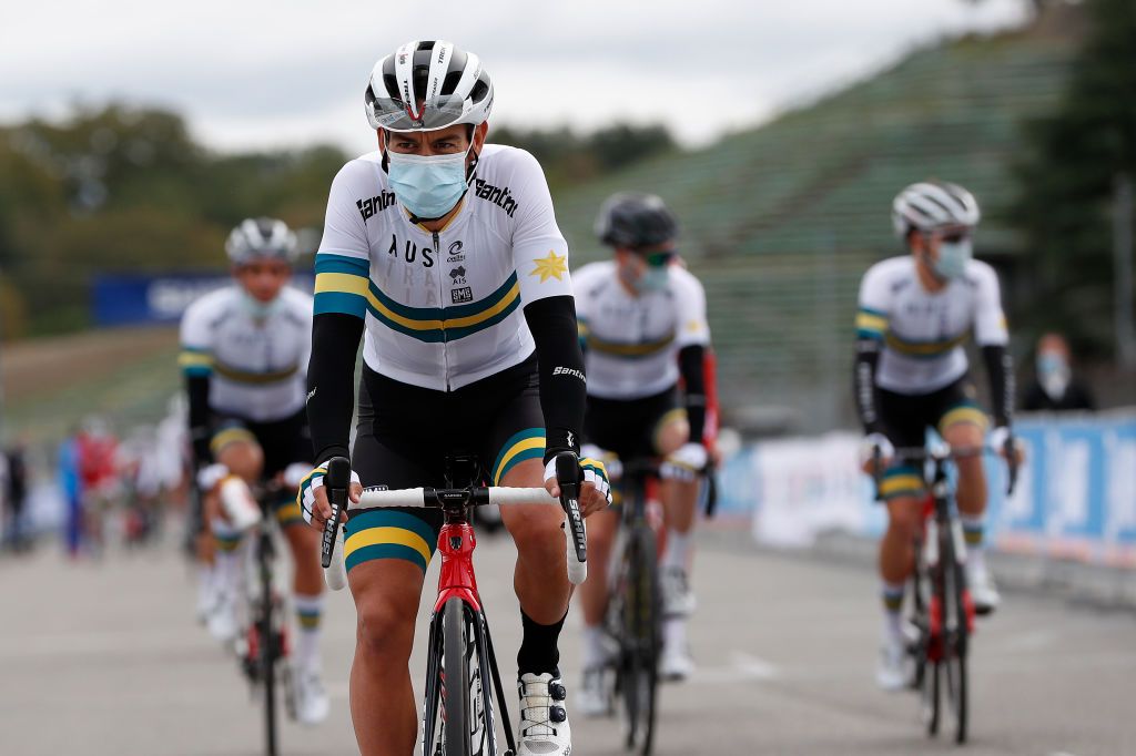 IMOLA ITALY SEPTEMBER 27 Start Richie Porte of Australia Autodromo Enzo e Dino Ferrari Mask Covid Safety Measures during the 93rd UCI Road World Championships 2020 Men Elite Road Race a 2582km race from Imola to Imola Autodromo Enzo e Dino Ferrari ImolaEr2020 Imola2020 on September 27 2020 in Imola Italy Photo by Bas CzerwinskiGetty Images