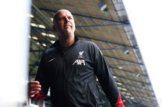 Liverpool manager Arne Slot looks on prior to the Premier League match between Ipswich Town FC and Liverpool FC at Portman Road on August 17, 2024 in Ipswich, England.