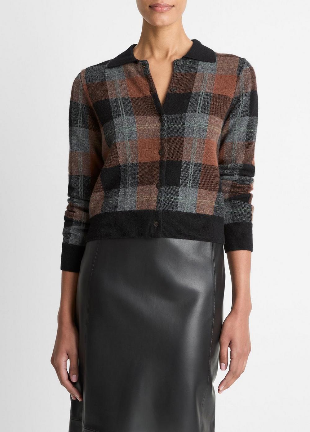 Checked Plaid Cashmere Polo Cardigan