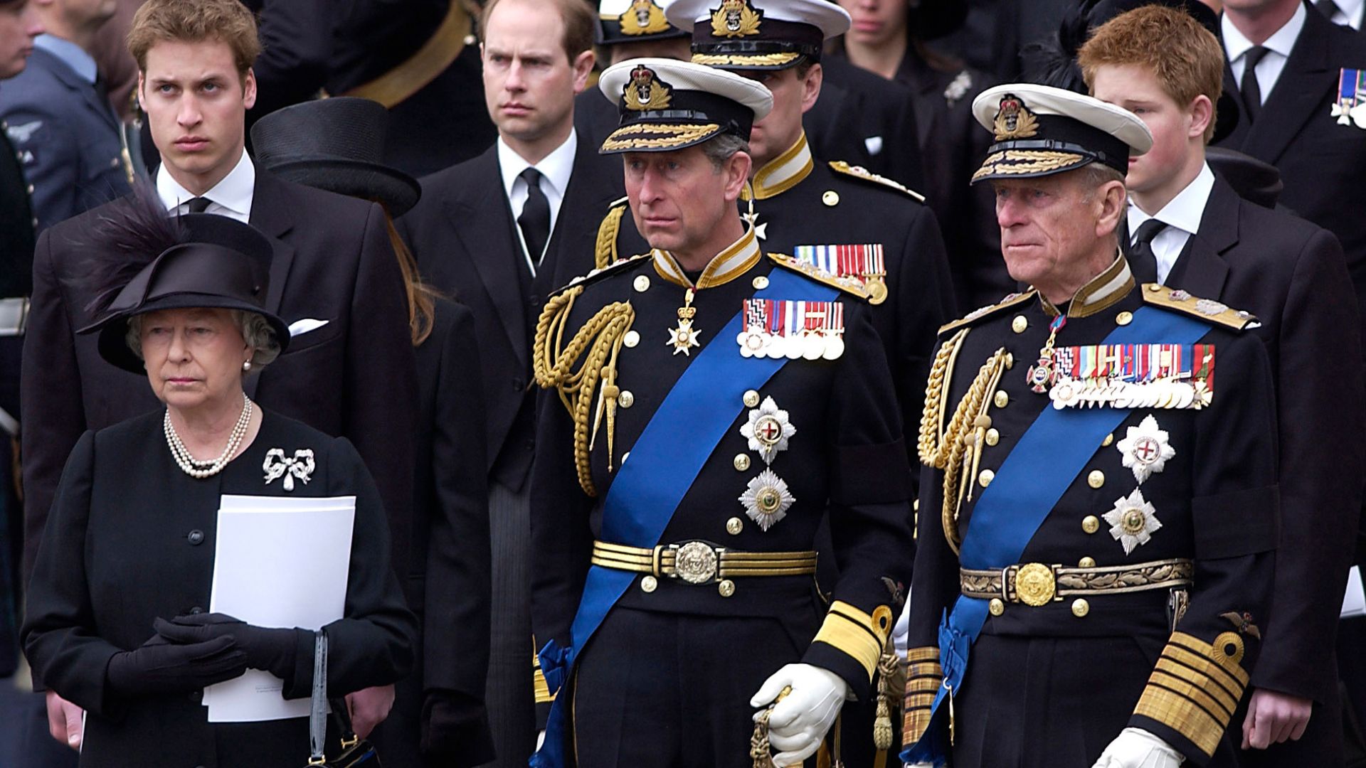 Members of the Royal Family, including the Queen, Prince Charles and Prince Philip, at the funeral of Princess Margaret