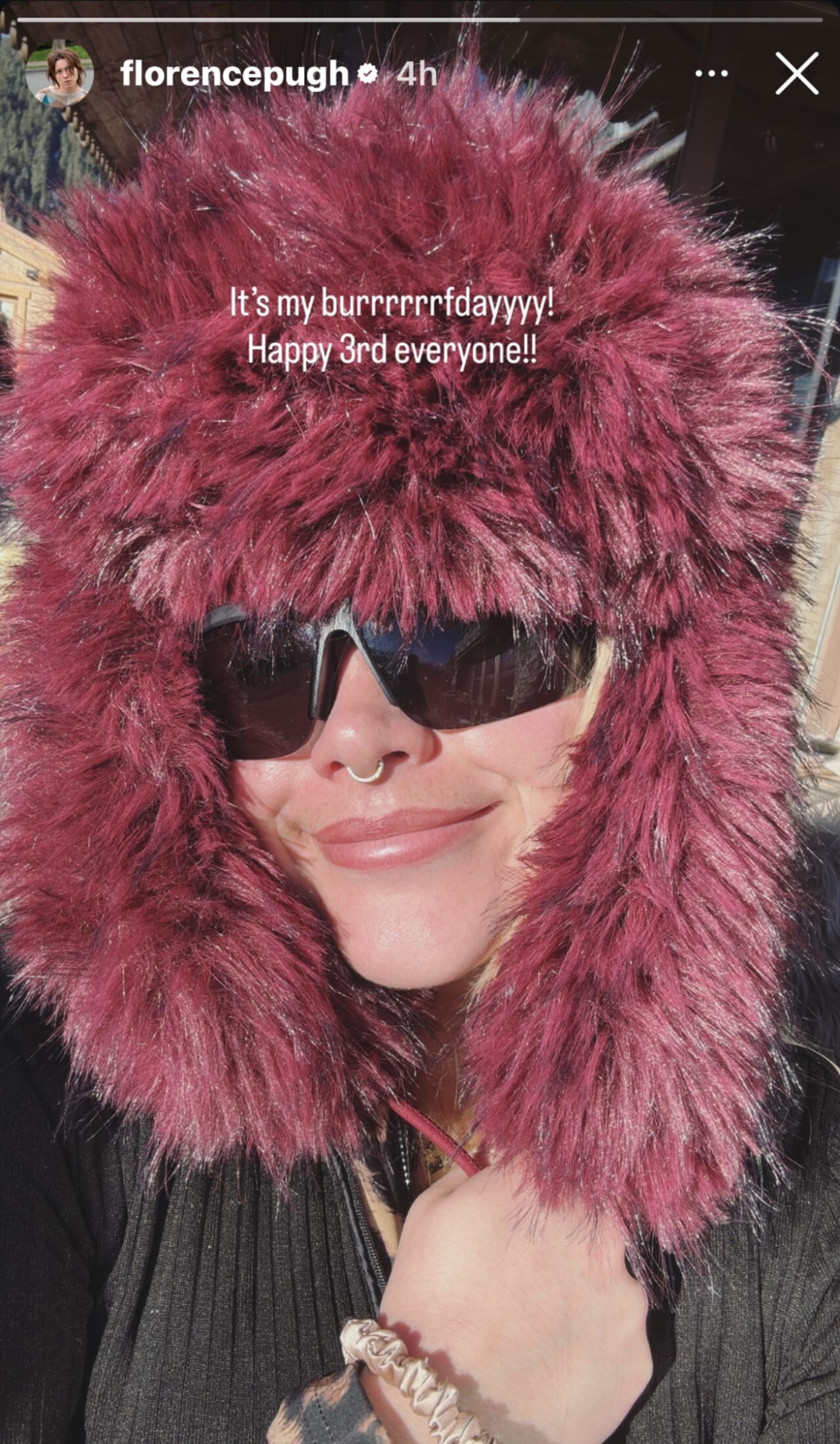Florence Pugh celebrated her 30th birthday on her Instagram stories wearing a big fuzzy hat.