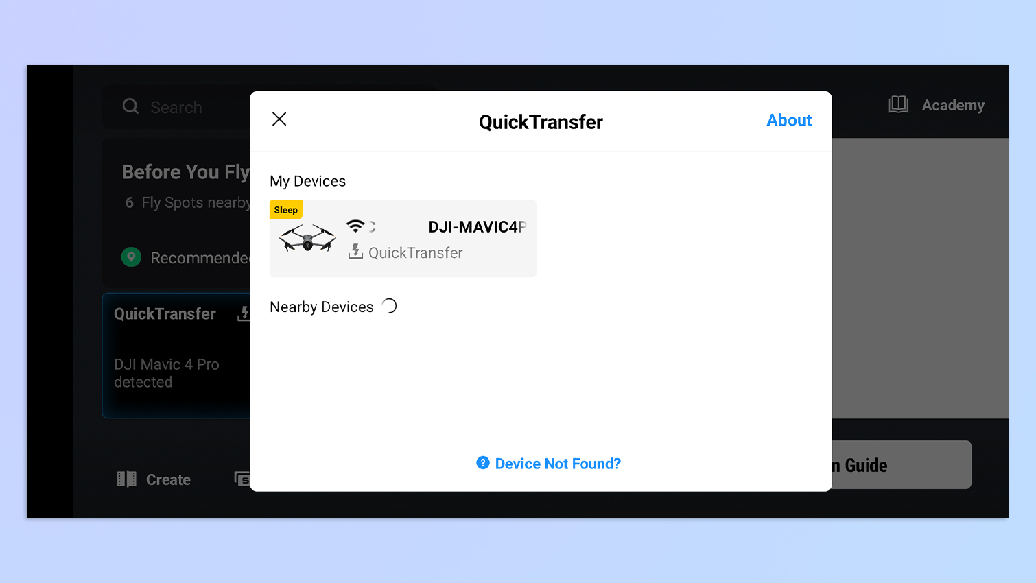 Screenshots of the DJI Fly app