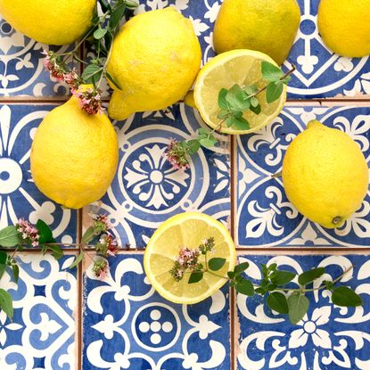 lemon fruits and thyme stems on blue tile background