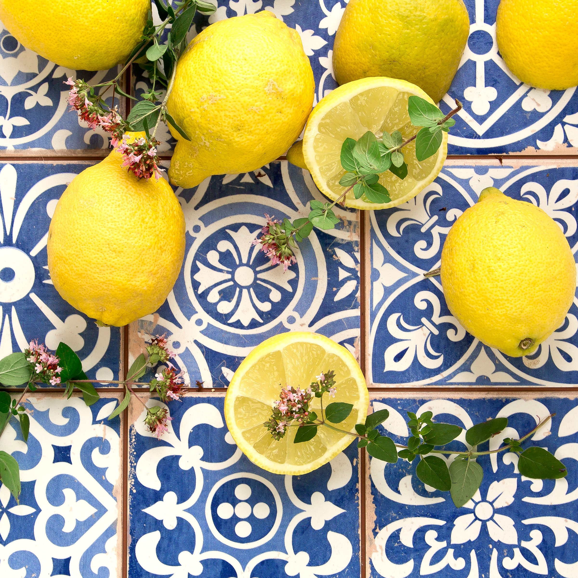 lemon fruits and thyme stems on blue tile background