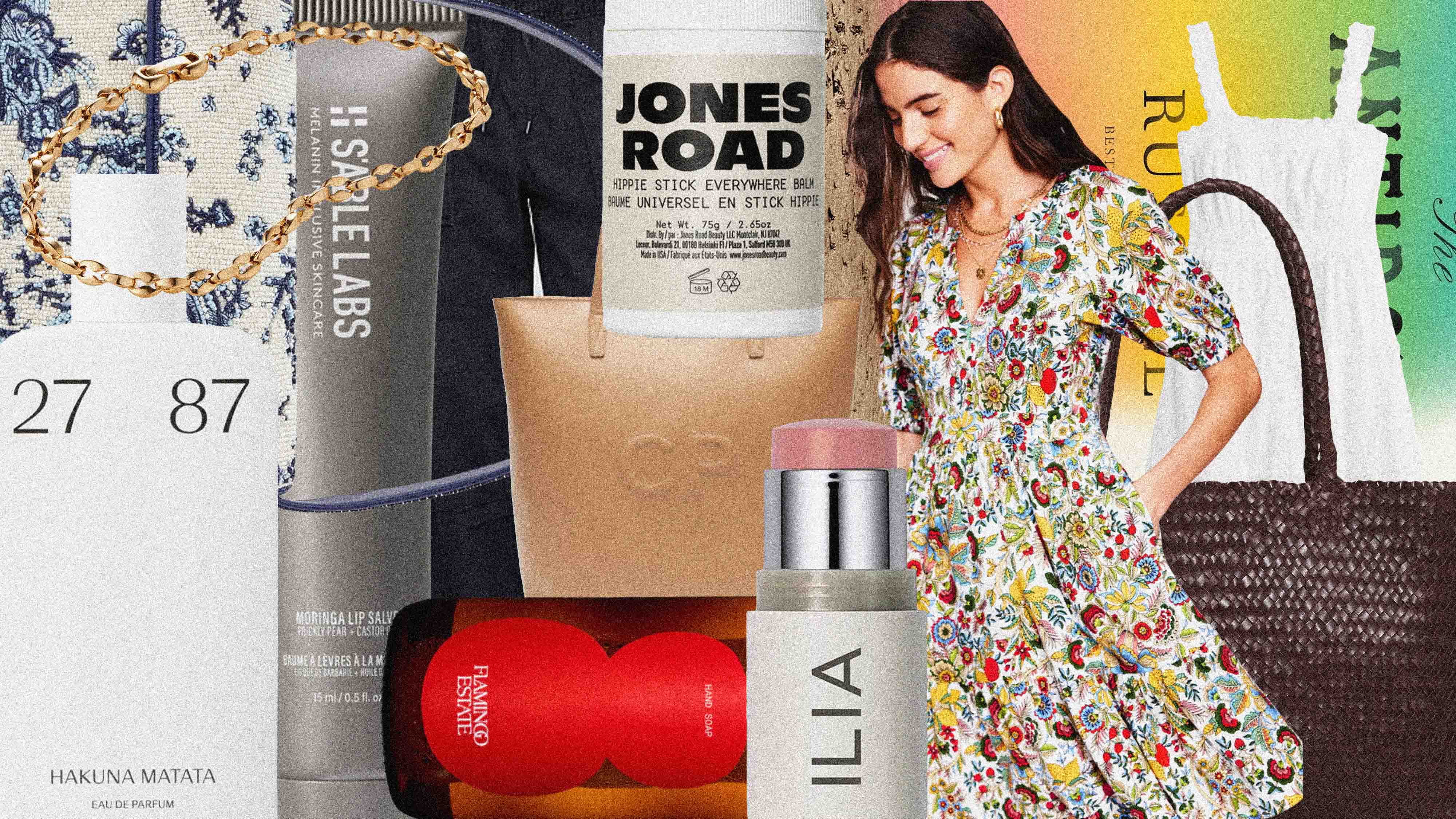 collage of summer fashion and beauty essentials