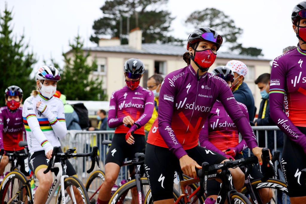 LANDERNEAU FRANCE JUNE 26 Roxane Fournier of France and Team SD Worx at start during the 8th La Course By Le Tour De France 2021 a 1077km race from Brest to Landerneau Cte De La Fosse Aux Loups 176m LaCourse LeTour TDF2021 UCIWWT on June 26 2021 in Landerneau France Photo by Tim de WaeleGetty Images