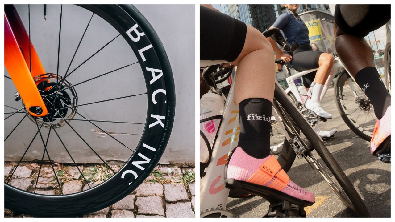 Black Inc 48/58 wheels (L) and Fizik&#039;s Powerstrap Aeroweave shoes (R)