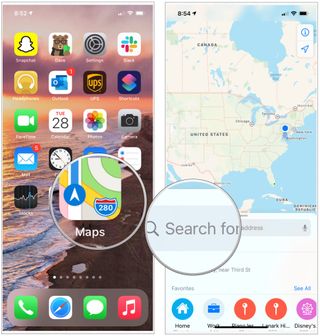 To search on Apple Maps app, tap on the app on the Home page, then use the search box to find a place or address