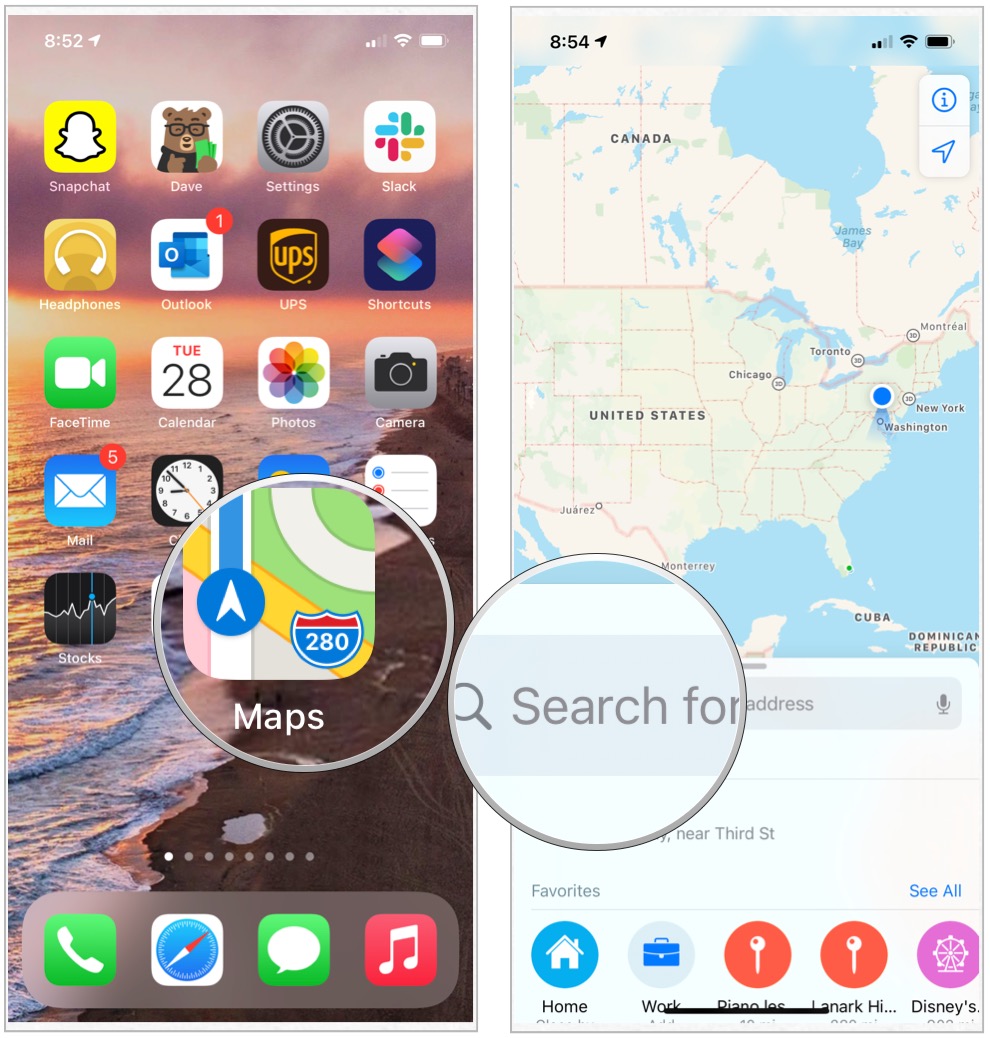 To search on Apple Maps app, tap on the app on the Home page, then use the search box to find a place or address