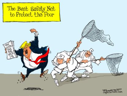 Political cartoon U.S. Trump rich tax cuts safety net Medicaid health care