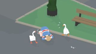 Untitled Goose Game two-player mode screenshot featuring two gooses honking at an NPC while they hold their head