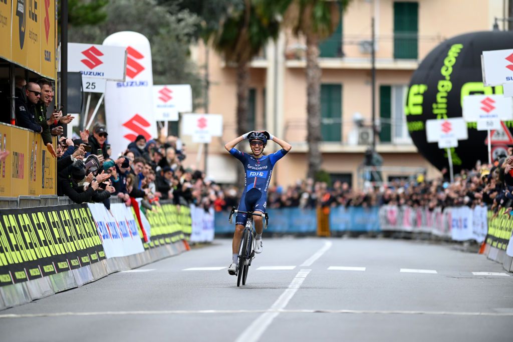 LAIGUEGLIA ITALY FEBRUARY 28 Lenny Martinez of France and Team GroupamaFDJ celebrates at finish line as race winner during the 61st Trofeo Laigueglia 2024 a 202km one day race from Laiguegli to Laigueglia on February 28 2024 in Laigueglia Italy Photo by Dario BelingheriGetty Images