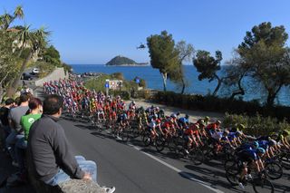 SANREMO ITALY MARCH 23 Landscape Peloton Mediterranean Sea Helicopter Fans Public during the 110th MilanoSanremo 2019 a 291km race from Milano to Sanremo MilanoSanremo on March 23 2019 in Sanremo Italy Photo by Tim de WaeleGetty Images