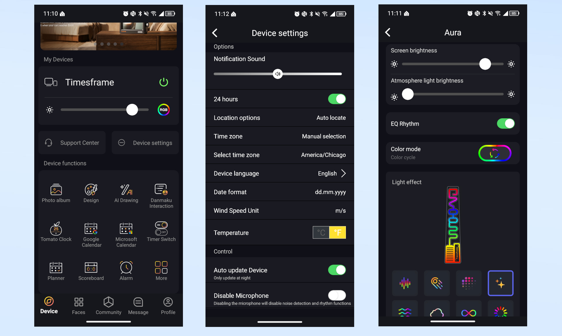 A series of screenshots showing the settings you can adjust on the Divoom Times Frame in the app