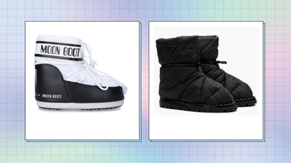 Product shots of Moon Boots and Prada Padded Nylon booties in a collage