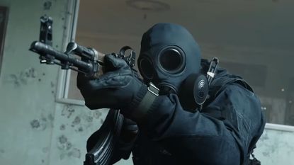 Call of Duty Modern Warfare 4 screenshot from beta weekend 1 trailer showing a soldier in dark clothing with a gas mask aiming a gun