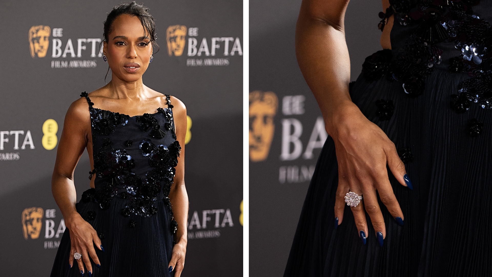 On the left, Kerry Washington is pictured with her hair in an updo and wearing a navy dress with flower decals, and with a navy manicure, whilst at the 2026 EE BAFTA Film Awards at The Royal Festival Hall on February 22, 2026, in London, England. And on the right is the same picture but zoomed in on her hand, to show her navy nails in more detail