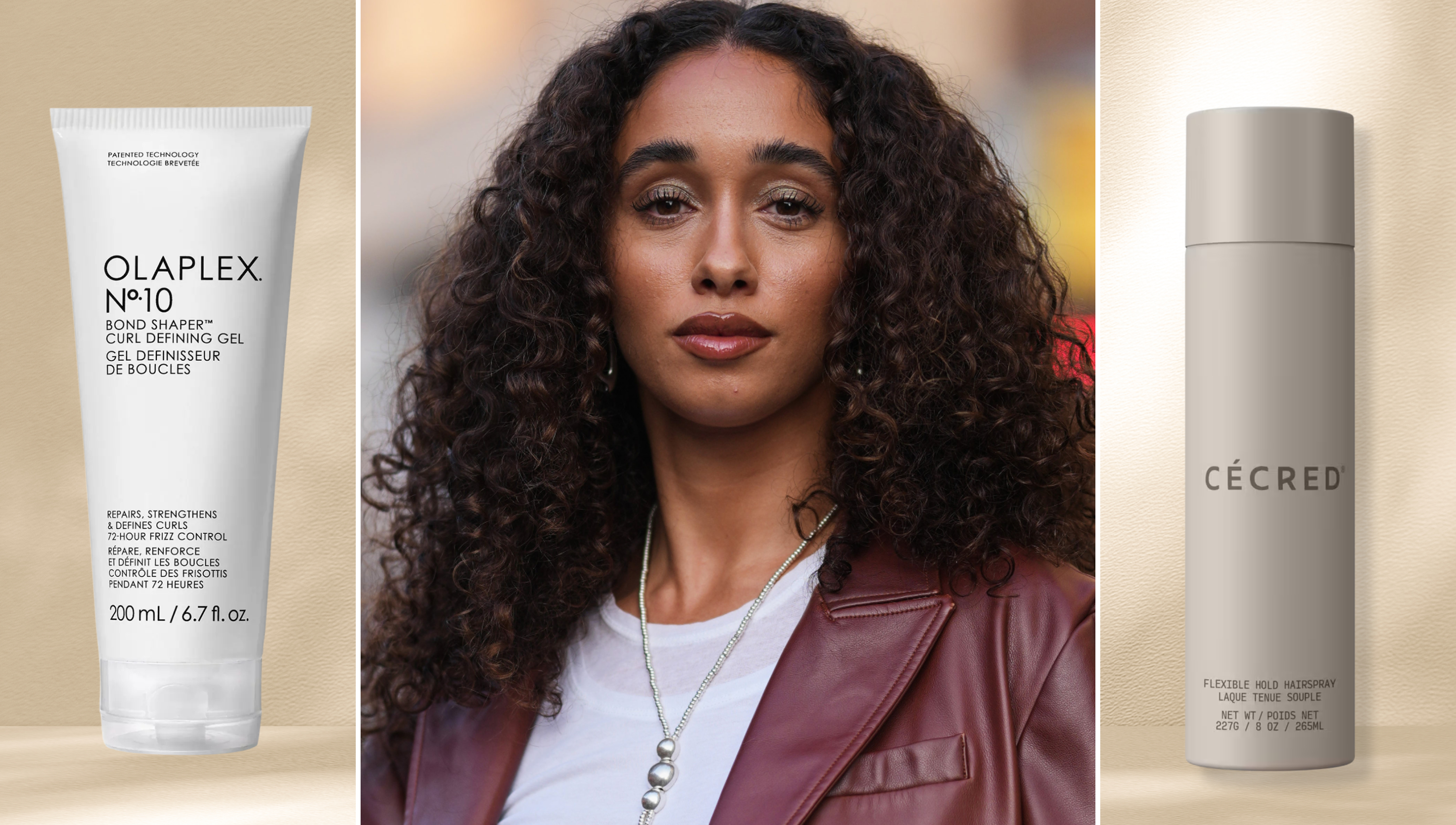 a woman in a fashionable red blazer and curly hair next to humidity hair products