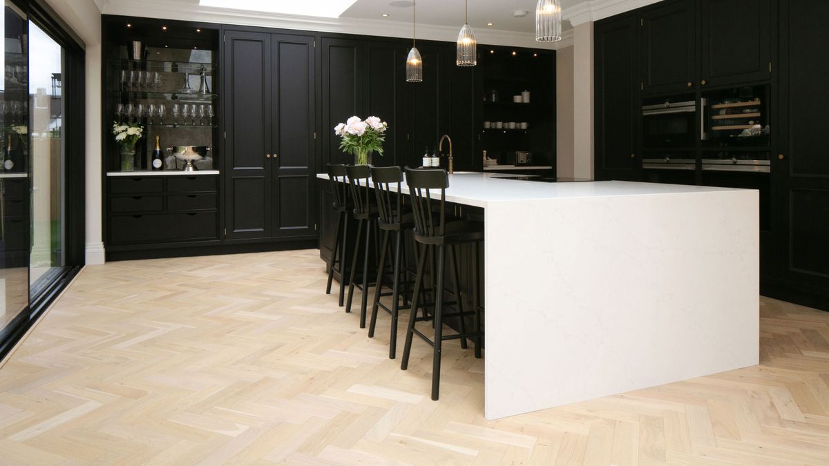 engineered herringbone flooring in kitchen