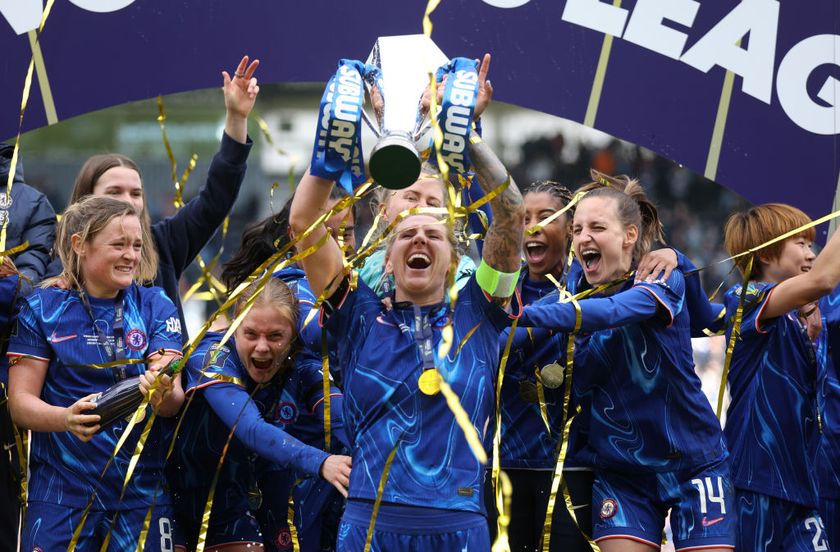 Millie Bright of Chelsea lifts the Subway Women&#039;s League trophy following victory in the Subway Women&#039;s League Cup Final match between Chelsea and Manchester City at Pride Park on March 15, 2025 in Derby, England.