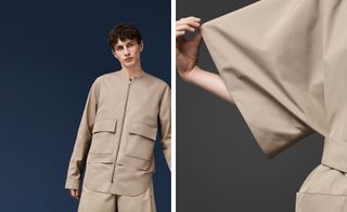 Two images, Left Model wearing Neutral coloured zip up long sleeved jacket and trousers, Right- A close up of a sleeve of. a neutral coloured shirt