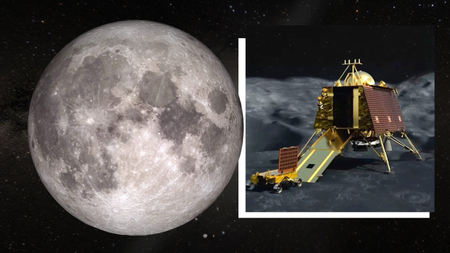 (Main) An image of the moon (Inset) An illustration of the Chandrayaan-3