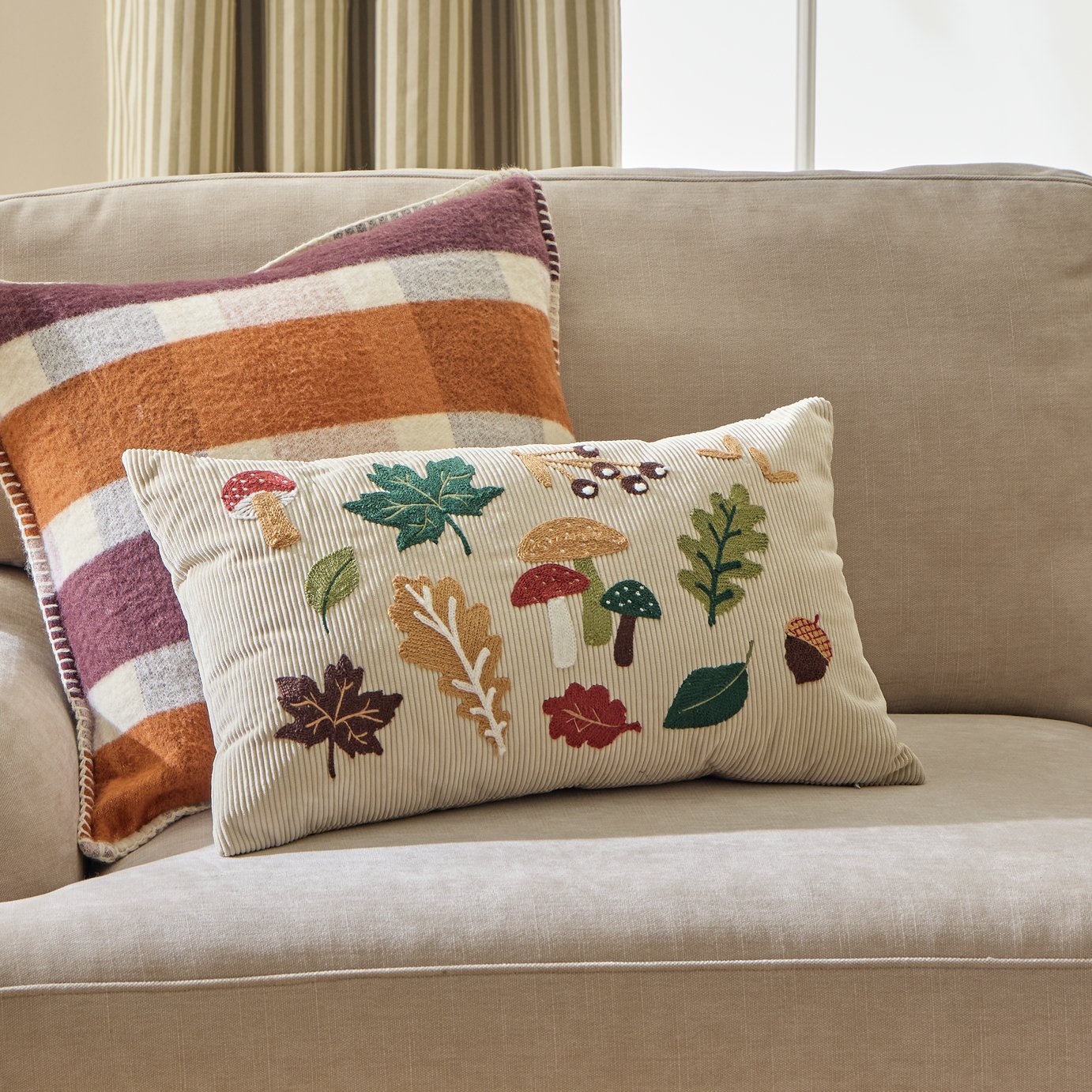 Argos Home Autumn Mushroom &amp;amp; Foliage Embroidered Cushion Neutral - 50x30cm