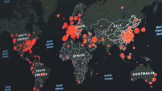 A digital world map with server locations marked with red dots