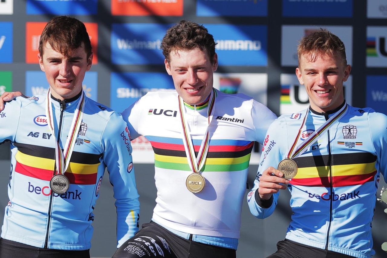 UCI Cyclocross world championships Fayetteville 2022 USA Men U23 29012022 Emiel Vertsrynge BEL Joran Wyseure BEL Thibau Nys BEL photo Alex WhiteheadSW PixCVSprintCyclingAgency2022