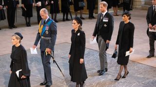 Prince William, Prince of Wales, Catherine, Princess of Wales, Harry, Duke of Sussex and Meghan, Duchess of Sussex arrive at Westminster Hall