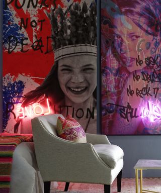 Grey 3-Seater sofa with a coffee table and Kate Moss neon artwork in girls bedroom by Andrew Martin by andrewmartin.co.uk