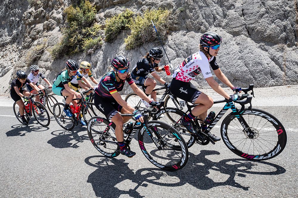 Trixi Worrack of Germany and CANYON//SRAM Racing and teammate Alexis Ryan of The United States and CANYON//SRAM Racing lead a group on a climb