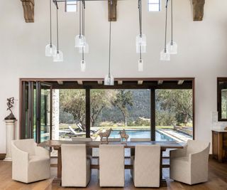 dining space with dramatic multi stemmed light and view of pool