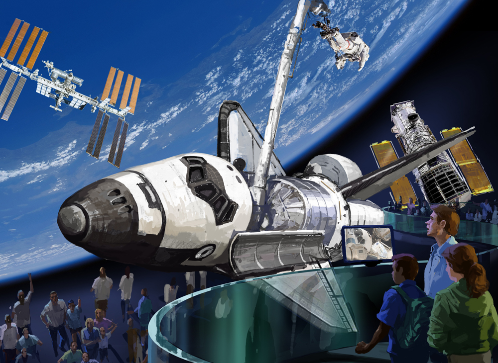 The Kennedy Space Center Visitor Complex&#039;s design concept for displaying a retired space shuttle orbiter.