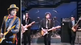 Bob Dylan performs onstage in Verona, Italy on May 29, 1984 (left), Bob Dylan performs onstage with the Plugz on Late Night with David Letterman on March 22, 1984
