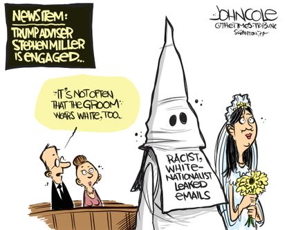Political Cartoon U.S. Stephen Miller Wearing White Nationalist Engaged
