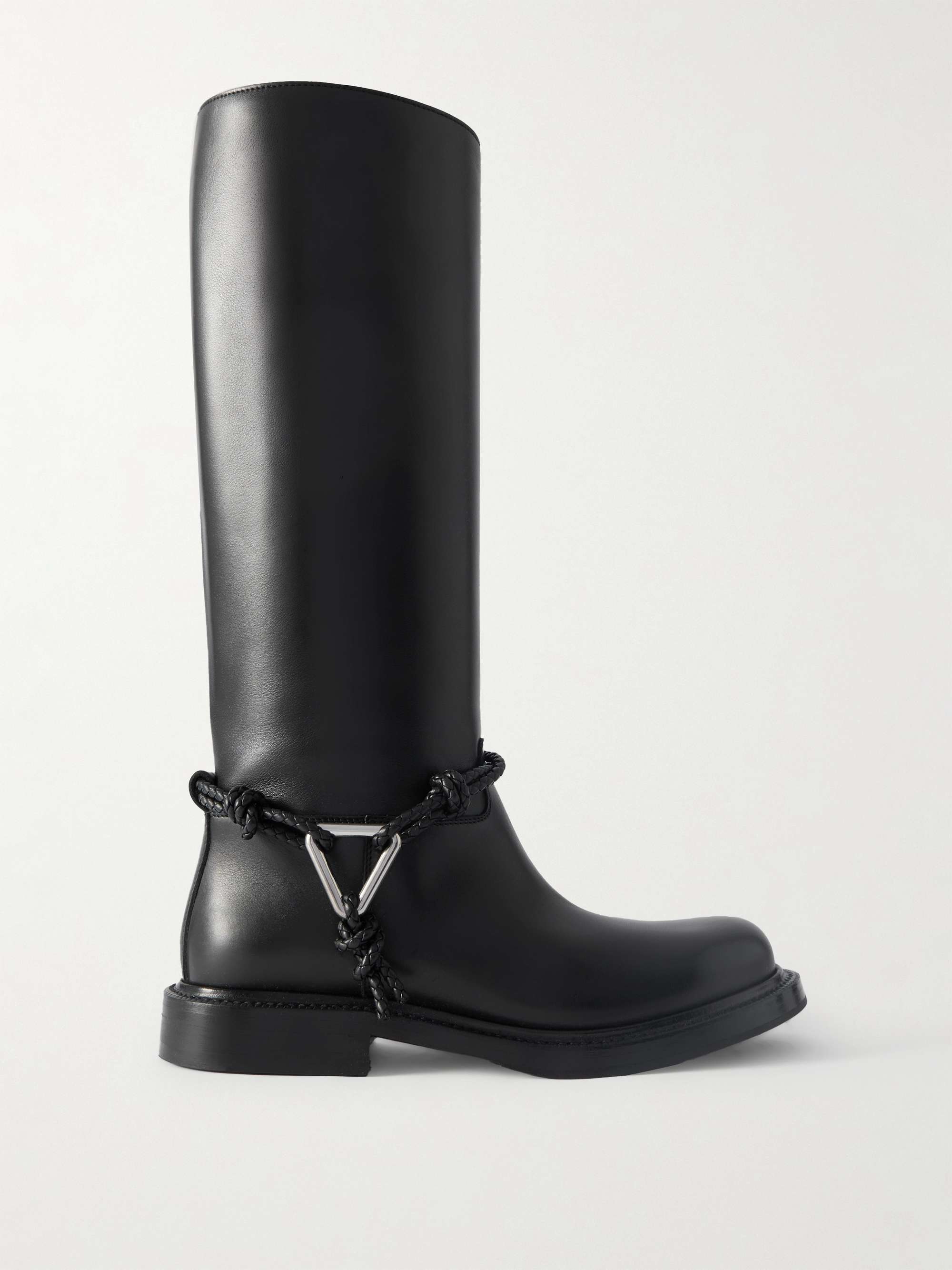 James Intrecciato-Trimmed Leather Knee Boots